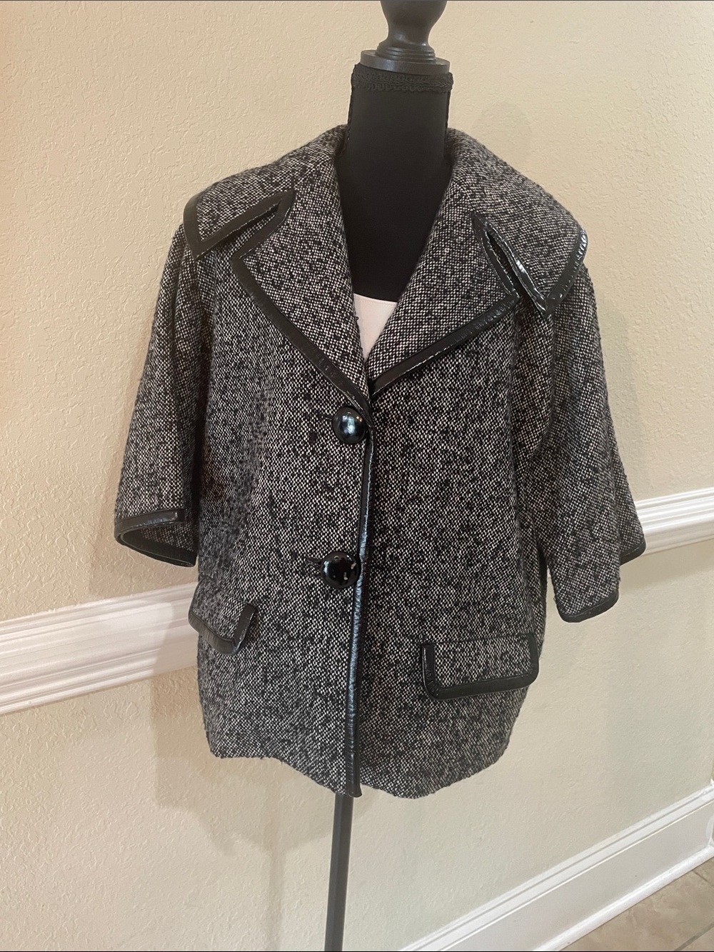 Karen Kane Gray Tweed Pea Coat with Black Trim